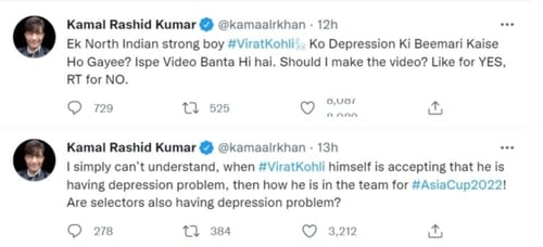 KRK's other tweets about Virat Kohli are still there. KRK's other tweets about Virat Kohli are still there. 