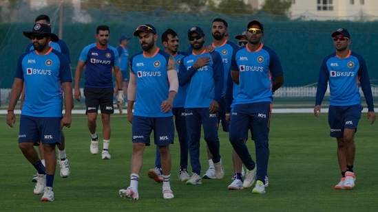 India's captain Rohit Sharma, left, and teammates arrive to participate in a training session at ICC ground ahead of their Asia Cup opener against Pakistan in Dubai.(AP)