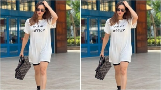 Aamna further teamed her T-shirt with a pair of black sports shorts and gave the whole look an athleisure kinda vibe. “Out of office kinda day,” she captioned her pictures.(Instagram/@aamnasharifofficial)