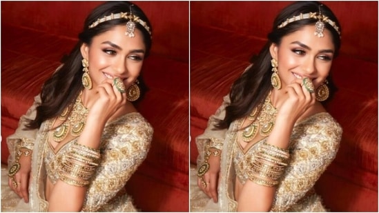 Assisted by makeup artist Amrit Kaur, Mrunal decked up in nude eyeshadow, black eyeliner, black kohl, mascara-laden eyelashes, drawn eyebrows, contoured cheeks and a shade of nude lipstick.(Instagram/@mrunalthakur)