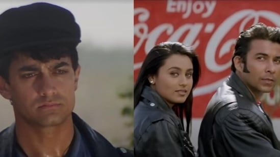 Aamir Khan, Rani Mukerji and Deepak Tijori in movie stills from Ghulam.