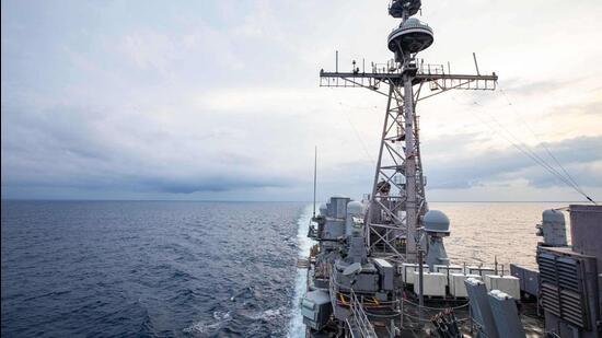 In this handout image courtesy of the US Navy taken on Sunday, the Ticonderoga-class guided-missile cruiser USS Chancellorsville (CG 62) transits the East China Sea in the Taiwan Strait during routine underway operations. (AFP)