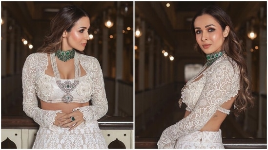 Malaika Arora wins the night at Kunal Rawal's pre-wedding bash with Arjun Kapoor in gorgeous ivory lehenga&nbsp;(HT Photo/Varinder Chawla)