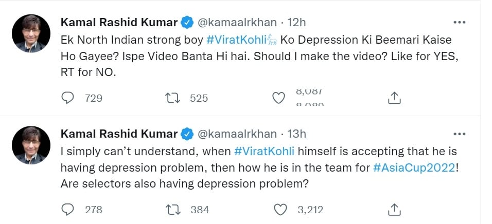 Gli altri tweet di KRK su Virat Kohli esistono ancora.  & nbsp;