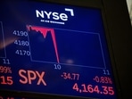 Stock markets initial reaction on a monitor as Jerome Powell, chairman of the US Federal Reserve, speaks at the Jackson Hole Economic Policy Symposium on the floor of the New York Stock Exchange (NYSE) in New York, US, on Friday.(Bloomberg) Stock markets initial reaction on a monitor as Jerome Powell, chairman of the US Federal Reserve, speaks at the Jackson Hole Economic Policy Symposium on the floor of the New York Stock Exchange (NYSE) in New York, US, on Friday.(Bloomberg)
