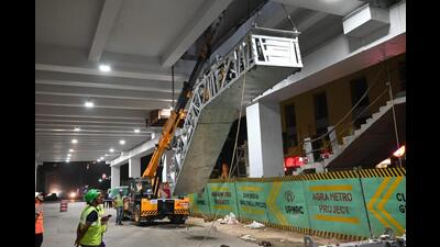 Work underway at the Taj East Gate site of the Agra Metro (HT Photo)