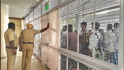 Protesting students blocked the main entrance of the varsity’s administrative block for hours on Monday and handed over a representation to Panjab University’s controller of examination. (Ravi Kumar/HT)