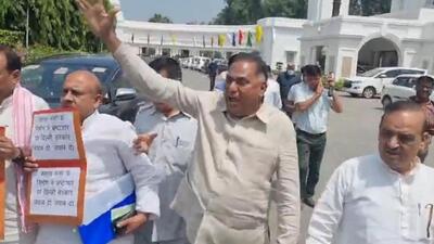 The BJP MLAs walked into the well of the house when their demands were not accepted leading to an uproar. (Twitter (Ramvir Singh Bidhuri)) The BJP MLAs walked into the well of the house when their demands were not accepted leading to an uproar. (Twitter (Ramvir Singh Bidhuri))
