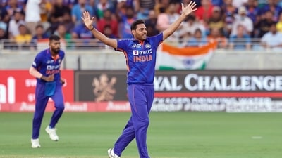 India's Bhuvneshwar Kumar celebrates the dismissal of Pakistan's Babar Azam during the Asia Cup 2022 Group A match between India and Pakistan (BCCI Twitter) India's Bhuvneshwar Kumar celebrates the dismissal of Pakistan's Babar Azam during the Asia Cup 2022 Group A match between India and Pakistan (BCCI Twitter)
