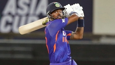 Hardik Pandya plays a shot during the Asia Cup 2022 Group A match between India and Pakistan, at the Dubai International Cricket Stadium in Dubai. (BCCI Twitter) Hardik Pandya plays a shot during the Asia Cup 2022 Group A match between India and Pakistan, at the Dubai International Cricket Stadium in Dubai. (BCCI Twitter)