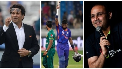 Sachin Tendulkar, Hardik Pandya and Virender Sehwag Sachin Tendulkar, Hardik Pandya and Virender Sehwag