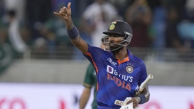 India's Hardik Pandya gestures after hitting the winning boundary during the T20 cricket match of Asia Cup (AP)