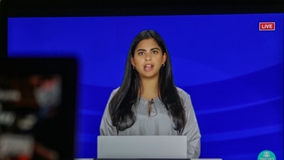 Isha Ambani, speaks via live stream during the Reliance Industries Ltd., annual general meeting in Mumbai, India, on Monday. (Bloomberg) Isha Ambani, speaks via live stream during the Reliance Industries Ltd., annual general meeting in Mumbai, India, on Monday. (Bloomberg)