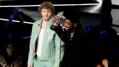 Jack Harlow and Lil Nas X accept the Best Collaboration award for Industry Baby at the 2022 MTV VMAs in Newark, New Jersey. (AFP) Jack Harlow and Lil Nas X accept the Best Collaboration award for Industry Baby at the 2022 MTV VMAs in Newark, New Jersey. (AFP)