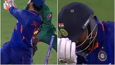 Hardik Pandya reacts to Ravindra Jadeja's dismissal (Twitter) Hardik Pandya reacts to Ravindra Jadeja's dismissal (Twitter)