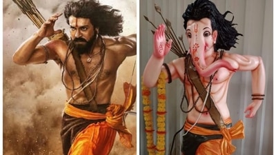 A Ganesha idol inspired by Ram Charan's look from SS Rajamouli's RRR. A Ganesha idol inspired by Ram Charan's look from SS Rajamouli's RRR.