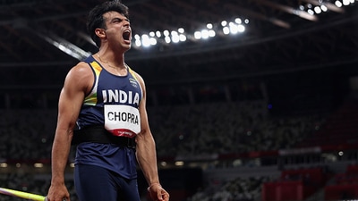 Neeraj Chopra during the medal ceremony for the men's javelin throw at the 2020 Summer Olympics (PTI) Neeraj Chopra during the medal ceremony for the men's javelin throw at the 2020 Summer Olympics (PTI)