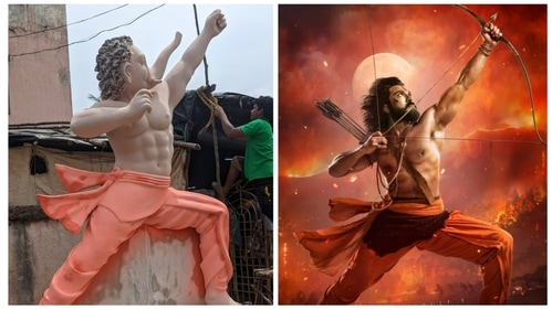 A Ganpati idol (left) in the works in Delhi, inspired by Ram Charan's pose from the RRR poster (right). A Ganpati idol (left) in the works in Delhi, inspired by Ram Charan's pose from the RRR poster (right).