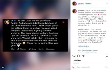 Fan page shares screenshot of Jennifer Lopez's comment about a video from her wedding with Ben Affleck. Fan page shares screenshot of Jennifer Lopez's comment about a video from her wedding with Ben Affleck.