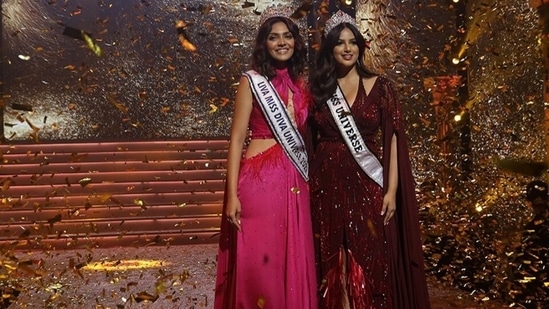 Both Harnaaz and Divita looked stunning as they walked the stage to kickstart their new journeys. The two beauty queens wore gowns created by designer Gavin Miguel. While Divita chose a fuchsia pink version, Harnaaz looked gorgeous in a wine-red ensemble.(Instagram/@missdivaorg)