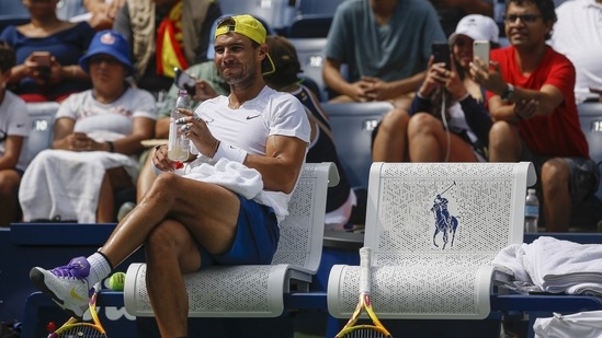 Rafael Nadal, of Spain, takes a break during a practice session for the US Open tennis championships(AP)