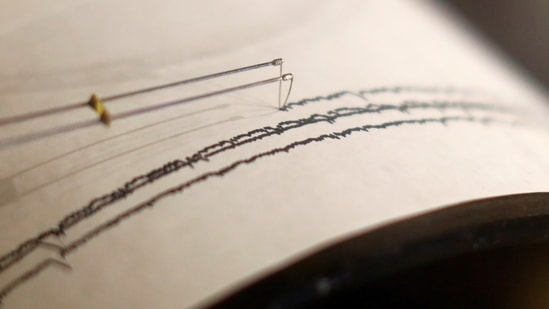 A working seismograph is shown in a display about earthquakes. (Reuters)