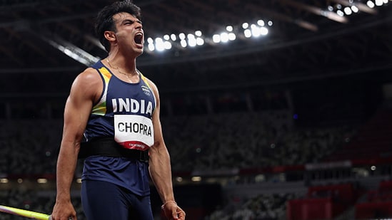 Neeraj Chopra during the medal ceremony for the men's javelin throw at the 2020 Summer Olympics(PTI)