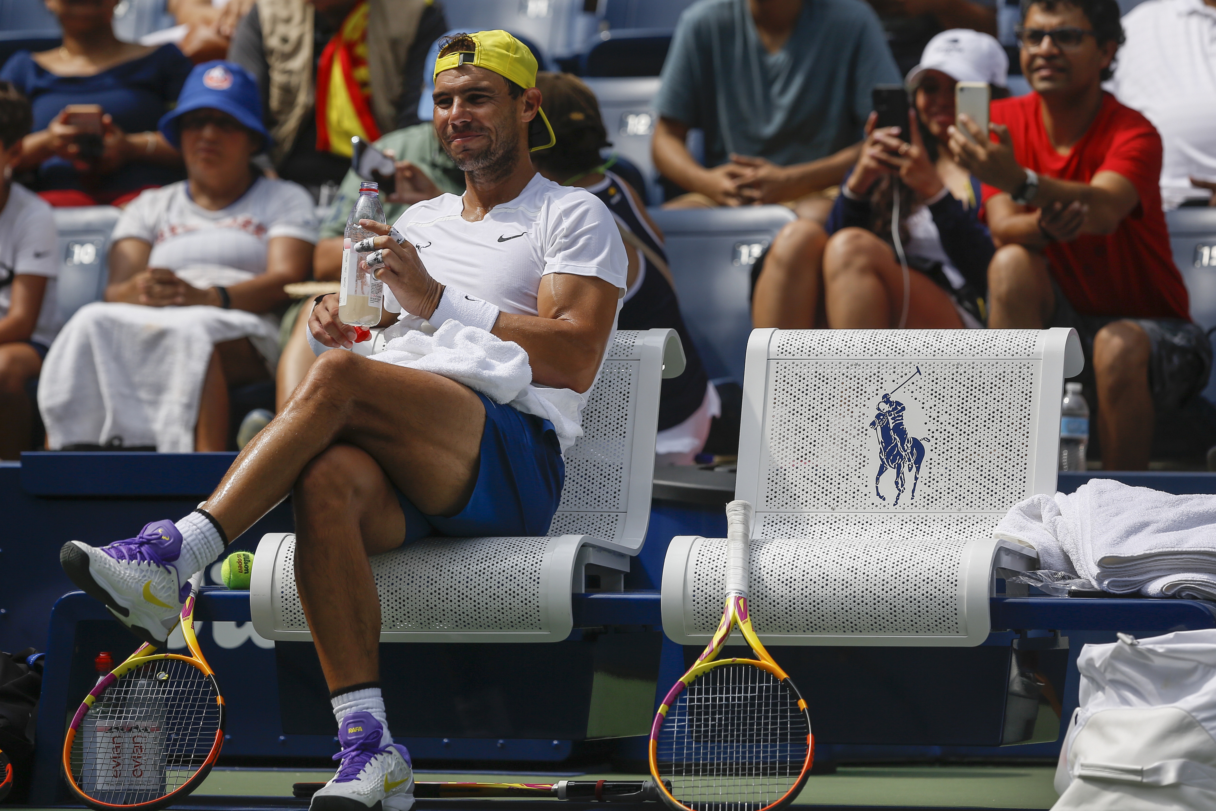 Rafael Nadal, of Spain, takes a break during a practice session for the US Open tennis championships (AP)