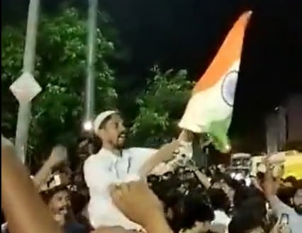 Bengaluru residents celebrated India's win against Pakistan at the cricket match held in Dubai on Sunday by shouting "India, India" and waving the tricolour. (Twitter video) Bengaluru residents celebrated India's win against Pakistan at the cricket match held in Dubai on Sunday by shouting "India, India" and waving the tricolour. (Twitter video)