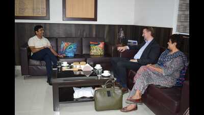 The two British High Commission officials (right) meeting Prayagraj DM on Tuesday. (HT)