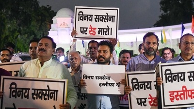 AAP MLAs holds a protest demanding the resignation of Delhi Delhi LG Vinay Kumar Saxena, at Vidhan sabha in New Delhi on Monday. (ANI) AAP MLAs holds a protest demanding the resignation of Delhi Delhi LG Vinay Kumar Saxena, at Vidhan sabha in New Delhi on Monday. (ANI)