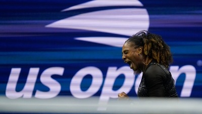 Serena Williams, of the United States, reacts after a shot to Danka Kovinic, of Montenegro, during the first round of the US Open (AP) Serena Williams, of the United States, reacts after a shot to Danka Kovinic, of Montenegro, during the first round of the US Open (AP)