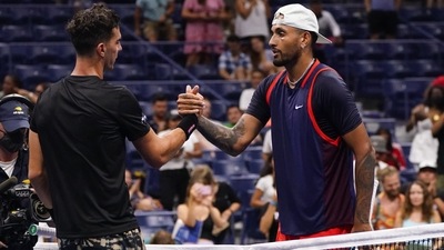 Nick Kyrgios, right, of Australia, shakes hands with Thanasi Kokkinakis, of Australia, during the first round of the US Open tennis championships, Monday, Aug. 29, 2022, in New York. (AP) Nick Kyrgios, right, of Australia, shakes hands with Thanasi Kokkinakis, of Australia, during the first round of the US Open tennis championships, Monday, Aug. 29, 2022, in New York. (AP)