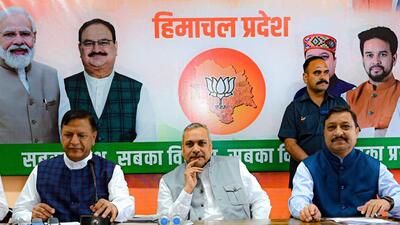 BJP state election management committee meeting being held at the party headquarters in Shimla on Tuesday. (Deepak Sansta / Hindustan Times)
