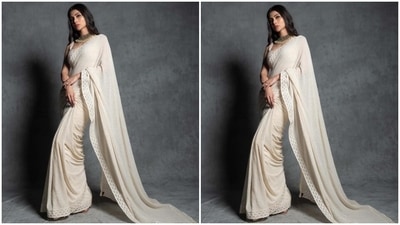 Mouni complemented the saree and blouse with exquisite jewellery pieces, including silver rings and an ornate choker necklace featuring pearls and Kundan adornments. A pair of matching high heels rounded it all off. (Instagram) Mouni complemented the saree and blouse with exquisite jewellery pieces, including silver rings and an ornate choker necklace featuring pearls and Kundan adornments. A pair of matching high heels rounded it all off. (Instagram)
