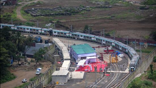 The Metro 3 coaches are slightly broader than the existing metro coaches, and the aqua colour scheme of the outside is reflected inside as well (Satish Bate/HT PHOTO)