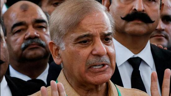 FILE PHOTO: Leader of the opposition Mian Muhammad Shehbaz Sherif, brother of ex-Prime Minister Nawaz Sharif, gestures as he speaks to the media at the Supreme Court of Pakistan in Islamabad, Pakistan April 7, 2022. REUTERS/Akhtar Soomro/File Photo (REUTERS)