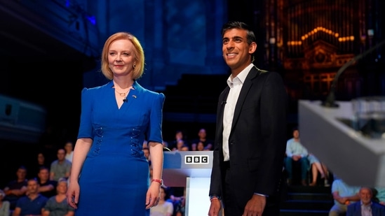 Liz Truss and Rishi Sunak before taking part in the BBC Conservative Party leadership debate. (AP)