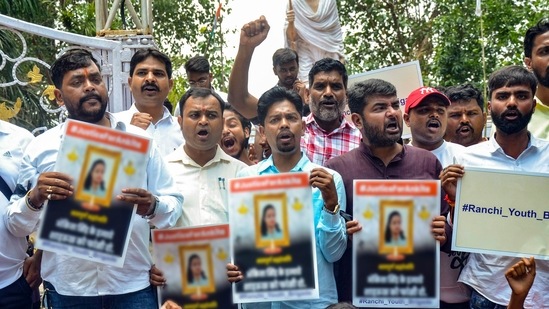 Activists of Jharkhand Youth Bigrade raise slogans during a protest after the death of a teenager, who was allegedly set on fire by a man in Jharkhand's Dumka district, in Ranchi. (PTI Photo)