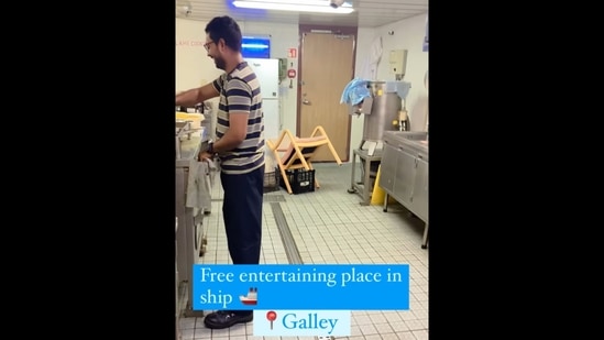 The image, taken from the viral Instagram video, shows a merchant navy sailor having fun on board.(Instagram/@shekhar_kandpal)