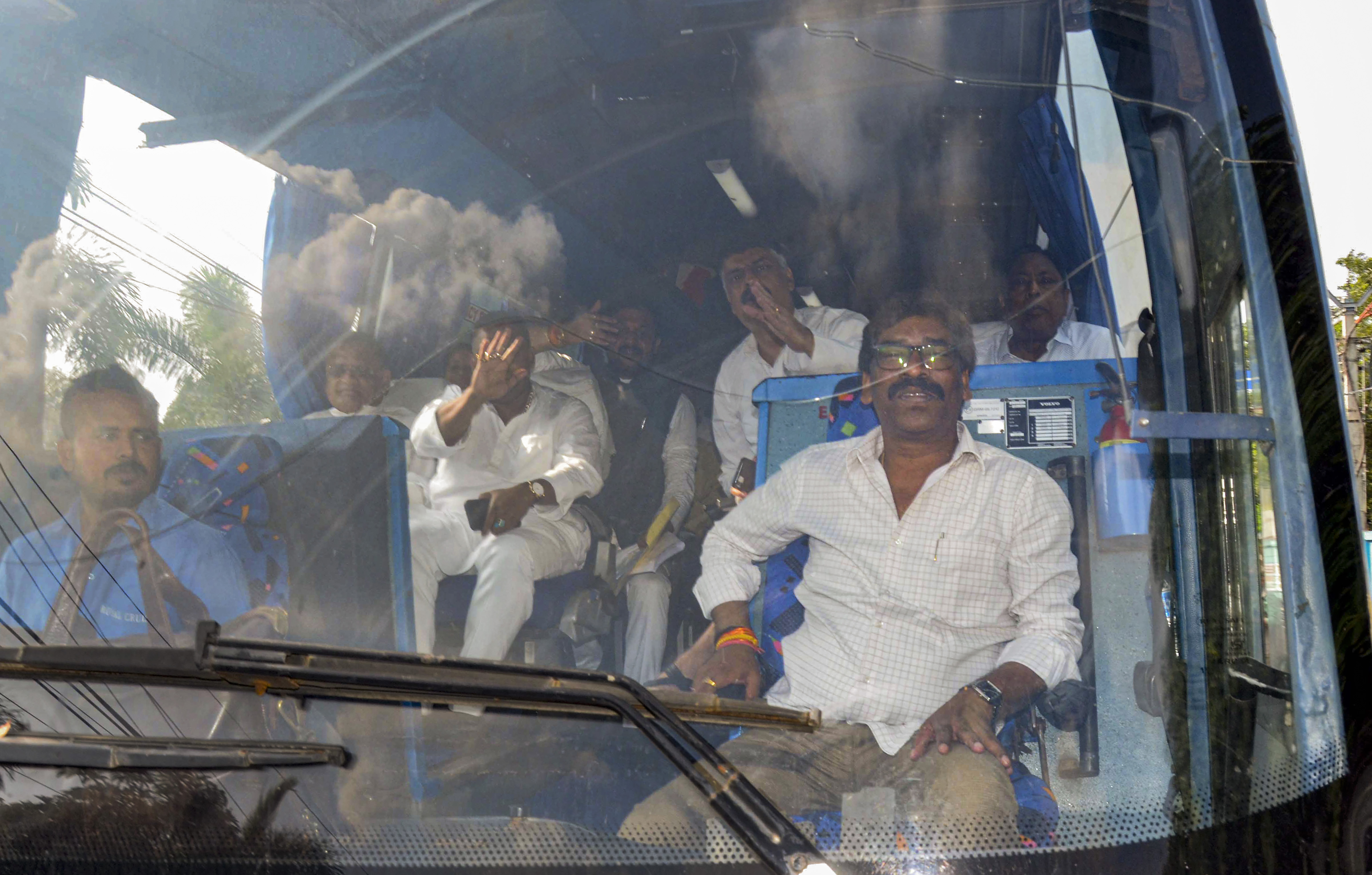 Jharkhand CM Hemant Soren with UPA MLAs leaves for Ranchi airport on way to Raipur. (PTI) Jharkhand CM Hemant Soren with UPA MLAs leaves for Ranchi airport on way to Raipur. (PTI)