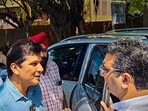 AAP MLA Saurabh Bharadwaj speaks with BJP spokesperson Gaurav Bhatia outside a Delhi government-run school in New Delhi. (PTI) AAP MLA Saurabh Bharadwaj speaks with BJP spokesperson Gaurav Bhatia outside a Delhi government-run school in New Delhi. (PTI)