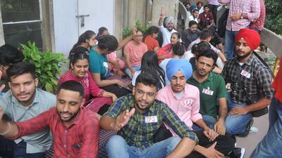 Students protesting at the DSW office in Panjab University on Wednesday. (Ravi Kumar/HT) Students protesting at the DSW office in Panjab University on Wednesday. (Ravi Kumar/HT)