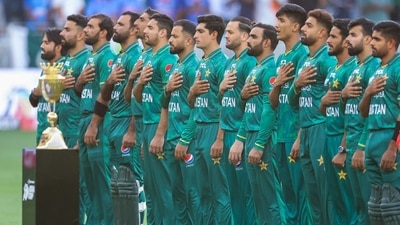 Pakistani players sing their national anthem before the start of the Asia Cup match against India at the Dubai International Cricket Stadium in Dubai. (AFP) Pakistani players sing their national anthem before the start of the Asia Cup match against India at the Dubai International Cricket Stadium in Dubai. (AFP)