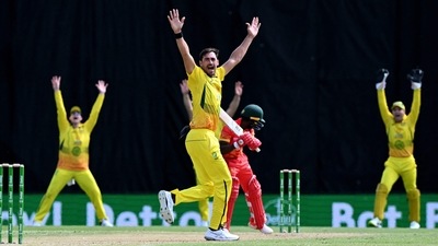 Mitchell Starc (C) appeals successfully for an LBW decision against Wessly Madhevere during the second ODI cricket match between Australia and Zimbabwe at the Riverway Stadium in Townsville. (AFP) Mitchell Starc (C) appeals successfully for an LBW decision against Wessly Madhevere during the second ODI cricket match between Australia and Zimbabwe at the Riverway Stadium in Townsville. (AFP)