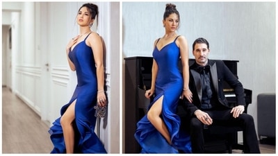 Sunny Leone redefined elegance in this royal blue gown by designer Shivani Awasty. She teamed her look with matching diamond jewellery. Her husband Daniel Webber complimented Sunny as she looked dapper in his all-black tuxedo. (Instagram/@sunnyleone)