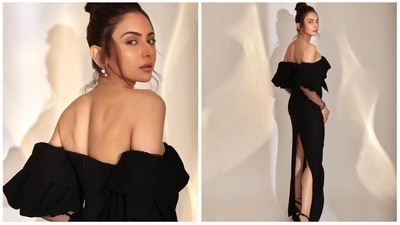 Rakul Preet is the epitome of grace in this gorgeous black back-slit off-shoulder gown by Heba Alqurashi. (Instagram/@rakulpreet)