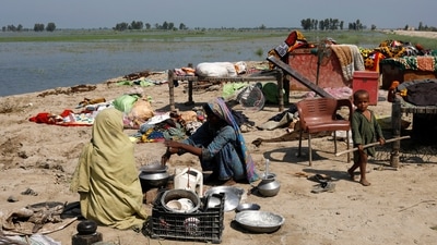 Women prepare food beside their belongings as they take refuge on a higher ground, following rains and floods during the monsoon season in Gari Yasin, Shikarpur, Pakistan August 31, 2022. (REUTERS)