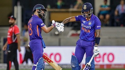 India's Virat Kohli and Suryakumar Yadav during the T20 cricket match of Asia Cup between India and Hong Kong (PTI) India's Virat Kohli and Suryakumar Yadav during the T20 cricket match of Asia Cup between India and Hong Kong (PTI)