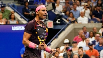 Rafael Nadal, of Spain, reacts after winning a set against Rinky Hijikata, of Australia, during the first round of the US Open tennis championships, Tuesday (AP)